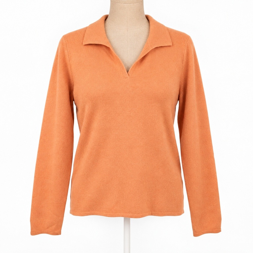 Charter Club Womens 2 Ply 100% Cashmere Polo V Neck Sweater Size L Orange Luxury